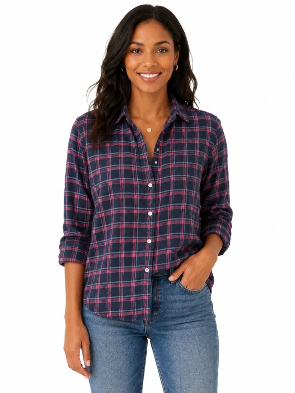 Frank & Eileen Grayson Hero Shirt Top Plaid Flannel Button Down Pink Blue Size M